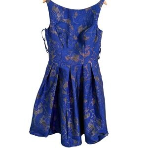 Allure Bridals Bridesmaids Navy Blue Brocade Fit Flare Pleated Dress Size 14